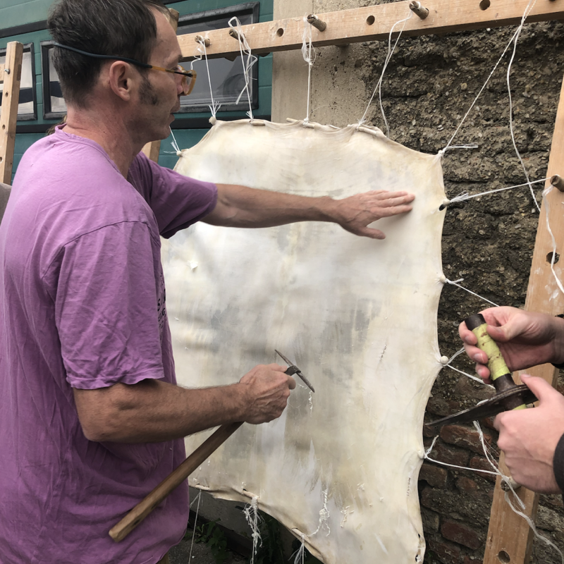 David Frank working a calf skin